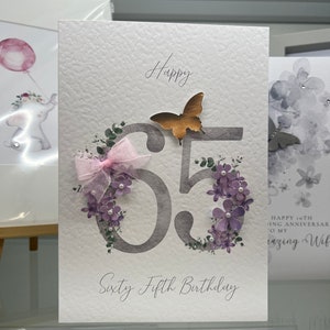 Carte de 65e anniversaire, carte de 65e anniversaire, carte de 65e anniversaire, carte de 65e joyeux anniversaire, 65e carte de luxe, souvenir des 65e, papillons 3D avec pierres précieuses