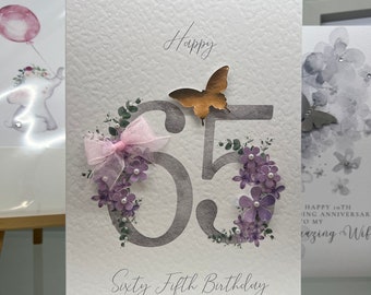 65th Birthday Card, Sixty  Fifth Birthday Card, 65th Card, Happy 65th Card, Luxury 65th Card, Keepsake 65th, 3D Butterflies With Gems