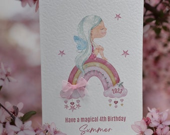 4th Birthday Personalised Fairy Card, 4 Today Fairy Birthday Card, Daughter, Granddaughter, Niece, Fairy Card, Rainbow Fairy Card Gems & Bow