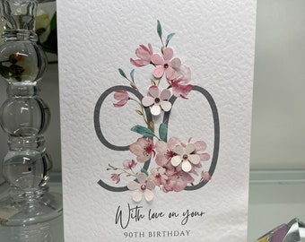 90th Birthday Card, Ninetieth Birthday Card, 90th Card, Happy 90th Card, Luxury 90th Card, Keepsake 90th, 3D Flowers, Cherry Blossom Card
