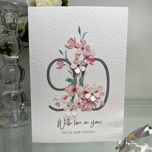 90th Birthday Card, Ninetieth Birthday Card, 90th Card, Happy 90th Card, Luxury 90th Card, Keepsake 90th, 3D Flowers, Cherry Blossom Card