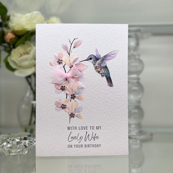 Wife Birthday Card, Humming Bird Card, Flower & Bird Card, Wife Card, Special Wife Card, Luxury Wife Card, Wife Handmade, Luxury Card, Gems