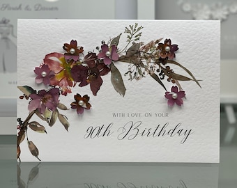 90th Birthday Card, Ninetieth Birthday Card, 90th Card, Happy 90th Card, Luxury 90th Card, Keepsake 90th, 3D Flowers, Autumn Birthday Card