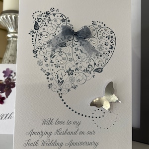 Tarjeta del décimo aniversario del marido, tarjeta de aniversario, tarjeta de aniversario de estaño tradicional, corazones de estaño, tarjeta de recuerdo, décimo aniversario