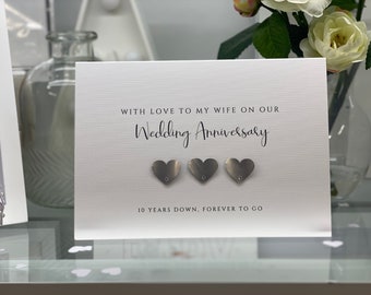 Tin Anniversary Card, Tenth Wedding Anniversary, Real Tin hearts, 10th Wedding, Traditional Tin Anniversary, Husband, Wife Anniversary
