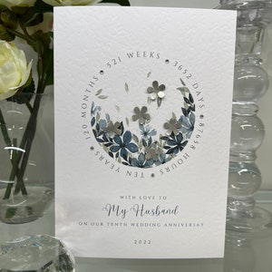Biglietto per l'anniversario di latta del marito, decimo anniversario di matrimonio del marito, biglietto per il decimo anniversario di matrimonio, anniversario di latta tradizionale, fiori di latta