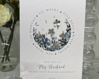 Echtgenoot Tin Anniversary Card, Echtgenoot Tiende huwelijksverjaardag, 10e huwelijksverjaardag kaart, traditionele tin verjaardag, tin bloemen