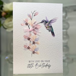 80th Birthday Card, Eightieth Personalised Card, 80th Card, Happy 80th Card, Luxury 80th Card, Keepsake 80th, Gem Flowers, Humming Bird Card