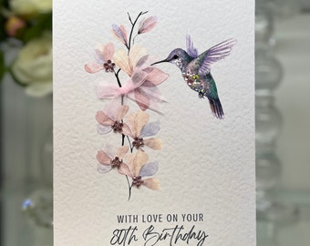 Tarjeta de 80 cumpleaños, tarjeta personalizada para los 80, tarjeta de 80, tarjeta de felicitación para los 80, tarjeta de lujo para los 80, recuerdo para los 80, flores de gemas, tarjeta de colibrí