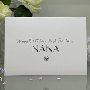 Nana verjaardagskaart, fantastische Nana-kaart, sprankelende kaart, stijlvolle kaart met edelstenen, Nana-kaart, eenvoudige kaart, zilveren hartparel, speciale Nana-kaart