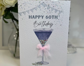 60th Birthday Card, Sixtieth Birthday Card, 60th Card, Happy 60th Card, Luxury 60th Card, Keepsake 60th, 3D Flowers, Cocktail Glass Card