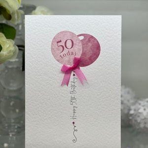 50. Geburtstagskarte, fünfziger Geburtstagskarte, 50.Karte, 50. Geburtstagskarte, 50. Geburtstagskarte, 3D Blumen, rosa Ballonkarten