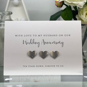 Tarjeta del décimo aniversario del marido, tarjeta del décimo aniversario de la esposa, tarjeta de aniversario de estaño tradicional, corazones de estaño, tarjeta de recuerdo, décimo aniversario