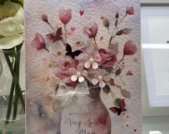 Mother's Day Card, Handmade Mother's Day Card, Hand Embellished, Special Mum Card, 3d Paper Flowers, Personalised Mum Card, Best Mum Card
