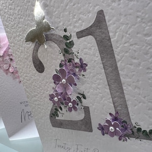 21. Geburtstagskarte, 21. Geburtstagskarte, 21. Karte, glückliche 21. Karte, Luxus-21.Karte, Andenken 21., 3D-Blumen und Kristalle