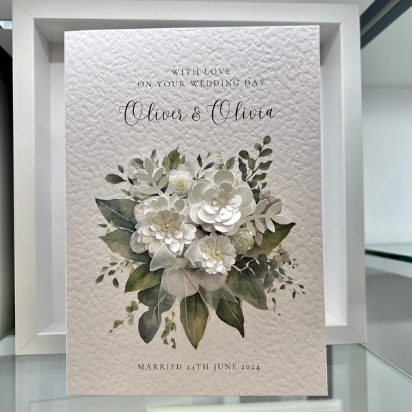 Carte de mariage personnalisée, fleurs en papier 3D, carte de mariage, carte de jeunes mariés, carte de mariage, carte de mariage sur mesure. Carte souvenir, mariée