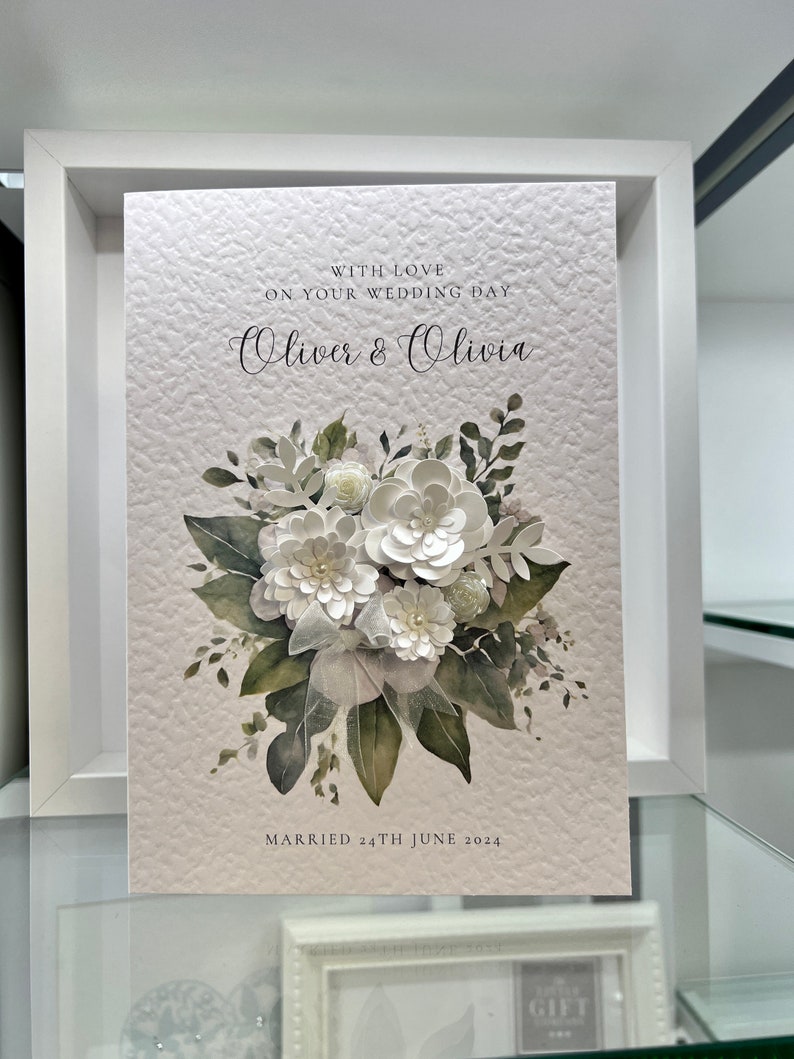 Carte de mariage personnalisée, fleurs en papier 3D, carte de mariage, carte de jeunes mariés, carte de mariage, carte de mariage sur mesure. Carte souvenir, mariée image 1