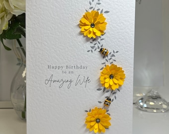 Tarjeta de cumpleaños de la esposa, tarjeta de girasol, tarjeta de girasoles y abejas, tarjeta de amantes de las abejas, tarjeta de esposa, tarjeta de esposa especial, tarjeta de esposa de lujo, esposa hecha a mano