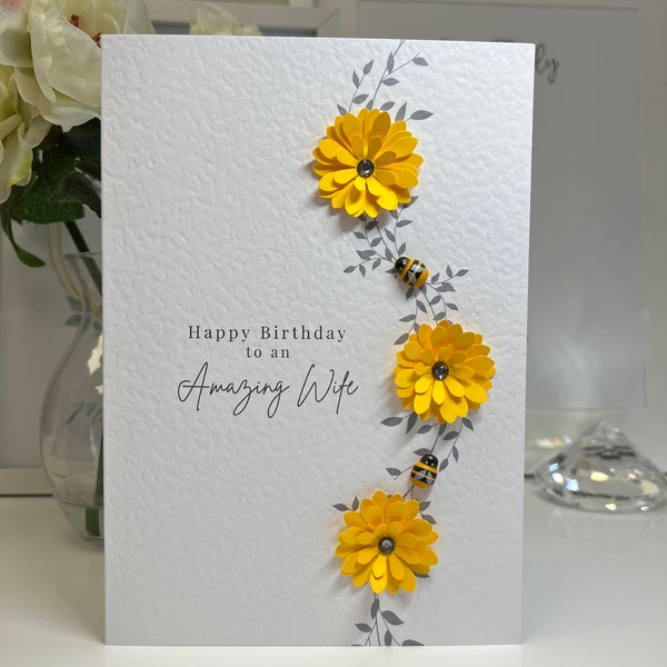 Wife Birthday Card, Sunflower Card, Sunflowers & Bee Card, Bee Lovers Card, Wife Card, Special Wife Card, Luxury Wife Card, Wife Handmade