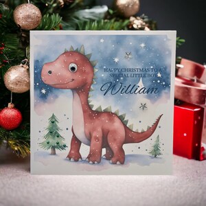 Biglietto natalizio personalizzato con dinosauro, biglietto di compleanno dinosauro rosso, figlio, nipote, biglietto speciale per ragazzino, cucciolo di dinosauro, occhio mobile