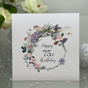 Carte d'anniversaire 75e, carte d'anniversaire soixante-quinzième, carte 75e, carte Happy 75e, carte de luxe 75e, souvenir 75e, fleurs 3D, couronne de fleurs sauvages