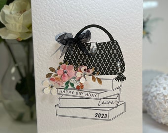 Tarjeta de cumpleaños personalizada, tarjeta personalizada, tarjeta de lujo hecha a mano, tarjeta para hija, tarjeta para hermana, tarjeta para amantes de los bolsos, tarjeta para nieta