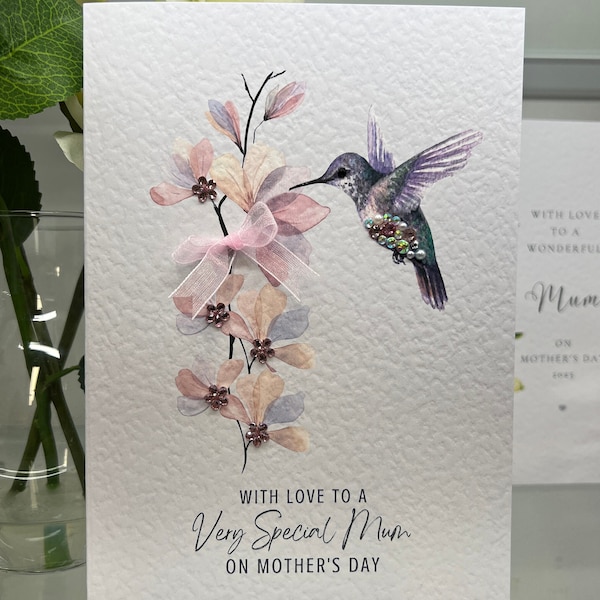 Mother's Day Card, Handmade Mother's Day Card, Luxury Mother's Day Card, Special Mother's Day Card, Humming Bird With Gems, Keepsake Card