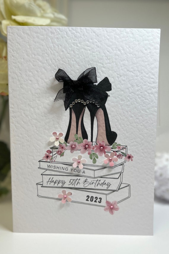 50th Birthday Card, 50th Card, Fiftieth Birthday Card, Happy 50th Card, Luxury 50th Card, Keepsake 50th, 3D Flowers, Designer Shoe Card, 50