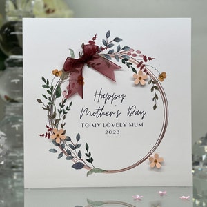 Muttertagskarte, Handgemachte Muttertagskarte, Blumenkranz, 3d Blumen & Schleife, Luxus Muttertagskarte, Schöne Muttertagskarte