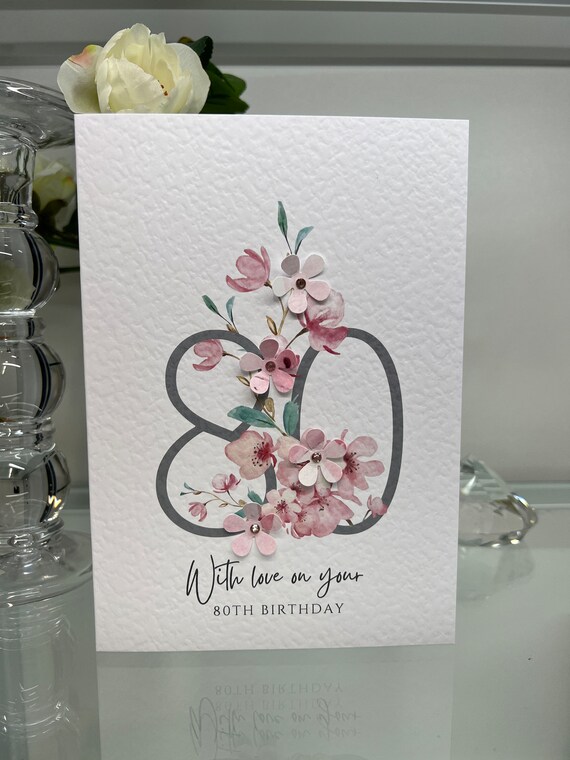 thumbnail image 2 of Floral Birthday Card For 80th Birthday - Special Eightieth Birthday Greeting Card - Paper Cut Flower Wreath Artwork - Purple And White Non 3D Artwork Female Birthday Card 2 of 10