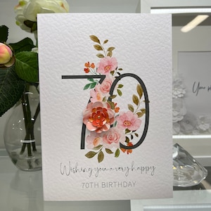 Cartão de aniversário de 70 anos, cartão de aniversário de 70 anos, cartão de 70 anos, cartão de feliz 70 anos, cartão de luxo de 70 anos, lembrança de 70 anos, flores 3D, aniversário de outono