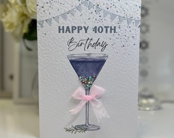 40th Birthday Card, Fortieth Birthday Card, 40th Card, Happy 40th Card, Luxury 40th Card, Keepsake 40th, Cocktail Glass Filled With Gems