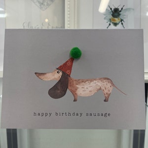 Biglietto di compleanno bassotto, biglietto di compleanno cane salsiccia fatto a mano, buon compleanno biglietto di salsiccia, biglietto bassotto, compleanno cane salsiccia, carta Pom Pom