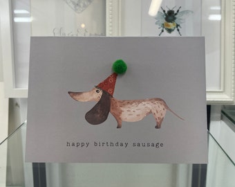 ダックスフントの誕生日カード、手作りソーセージ犬の誕生日カード、ハッピーバースデーソーセージカード、ダックスフントカード、バースデーソーセージ犬、ポンポンカード