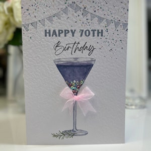 Carte du 70e anniversaire, carte du soixante-dixième anniversaire, carte du 70e, carte Happy 70e, carte de luxe du 70e, souvenir du 70e, carte de cocktail avec pierres précieuses et arc