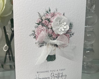 Happy Birthday Card, Floral Birthday Card, Simple Birthday Card, 3d Flower Birthday Card, Birthday Card, Pink Birthday Card