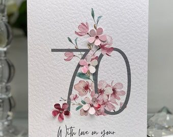 Gepersonaliseerde 70e verjaardagskaart, zeventigste verjaardagskaart, Happy 70e kaart, luxe 70e kaart, aandenken 70e, 3D bloemen, kersenbloesem kaart