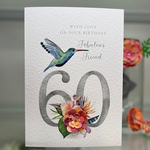 60e, 70e, 80e Carte de joyeux anniversaire de fleurs tropicales brillantes, 3D 40e, 50e, 60e carte d’anniversaire de colibri, spécial, carte de luxe, ami
