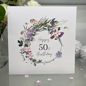 50th Birthday Card, Fiftieth Birthday Card, 50th Card, Happy 50th Card, Luxury 50th Card, Keepsake 50th, 3D Flowers, Wild Flower Watercolour