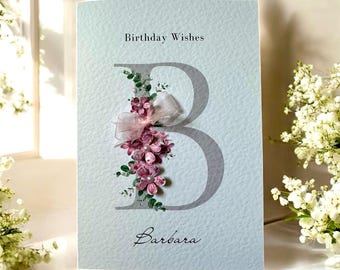 Carte d'anniversaire personnalisée, fleurs 3d roses, anniversaire de fille, anniversaire d'ami, anniversaire de soeur, carte de visite, carte initiale, carte faite main