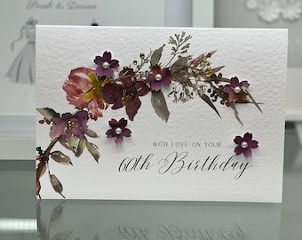 60e verjaardagskaart, zestigste verjaardagskaart, 60e kaart, gelukkige 60e kaart, luxe 60e kaart, 60e aandenken, 3D-bloemen, herfstverjaardagskaart