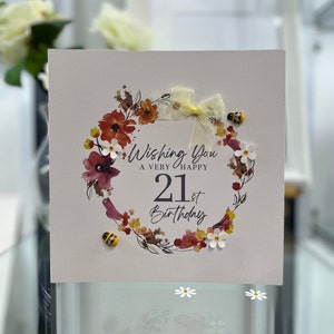 21. Geburtstagskarte, 21. Geburtstagskarte, 21. Karte, 21. Karte, Andenken 21st, 3D Blumen, Bienenkarte, Tochter 21.