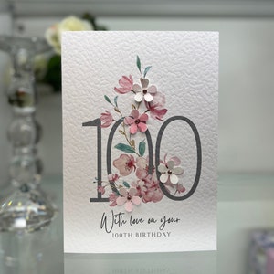 Cartão de 100º aniversário, Cartão de 100º aniversário, Cartão de feliz aniversário de 100º aniversário, Cartão luxuoso de 100º aniversário, Lembrança especial de 100º aniversário, Flores 3D, Cartão de flor de cerejeira rosa