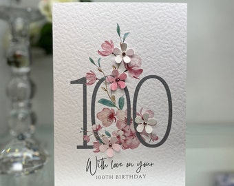 100th Birthday Card, 100th Card, Happy 100th Birthday Card, Luxury 100th Card, Special Keepsake 100th, 3D Flowers, Pink Cherry Blossom Card