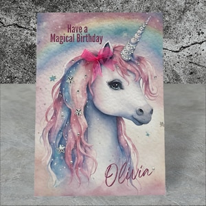 Biglietto unicorno, personalizzabile con nome ed età, biglietto di compleanno unicorno magico, figlia, nipote, nipote, bambina, biglietto unicorno arcobaleno