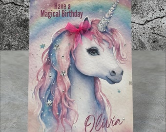 Unicorn Card, Personalise With Name & Age, Magical Unicorn Birthday Card, Daughter, Granddaughter, Niece, Little Girl, Rainbow Unicorn Card