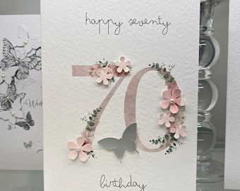 70th Birthday Card, Seventieth Birthday Card, 70th Card, Happy 70th Card, Luxury 70th Card, Keepsake 70th, 3D Flowers, 3D Butterfly Card