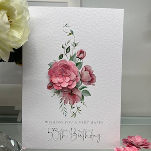 50th Birthday Card, Fiftieth Birthday Card, 50th Card, Happy 50th Card, Luxury 50th Card, Keepsake 50th, 3D Flowers, 3d Pink Flowers