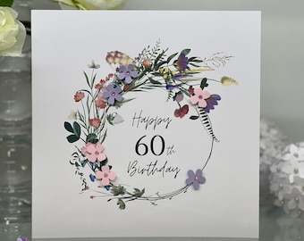 Biglietto Di Auguri Per 60° Compleanno Con Fiori - Old English Company - Cartoncino 280g/m² Con Busta - Biglietto Speciale Per Donne - Fatto In Inghilterra