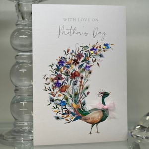 Mit Liebe zum Muttertag Karte, Pfau Design mit 3d Blumen & Edelsteinen, Mama Karte, Oma Karte, Like A Mum To Me Karte, Step Mum Karte